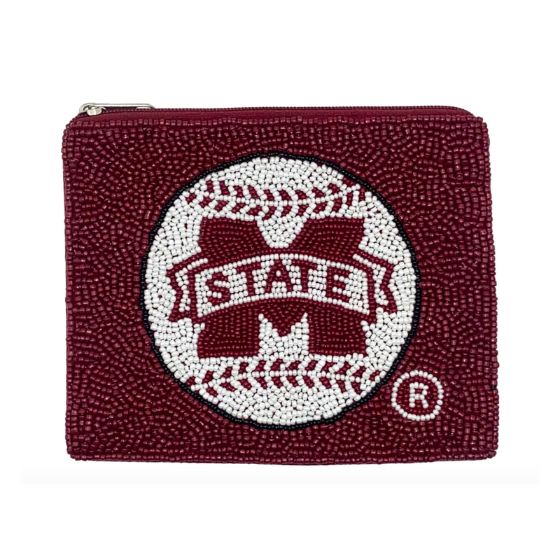 Hail State!  Show your true maroon team spirit at the ball park when accessorizing your Game Day clear bag with our beaded Mississippi State baseball zip coin bag.   Featuring a secure zip closure that keeps your cash, credit cards, lipstick, keys + more safe at the game!
