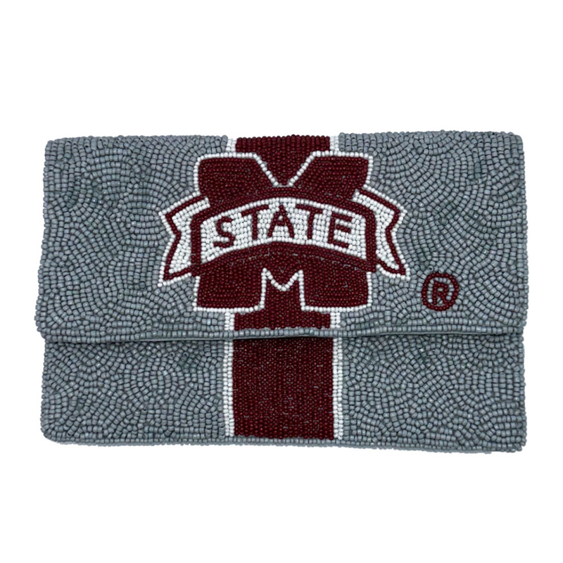Hail State!  Show your true maroon team spirit when accessorizing your Game Day look with our uniquely beaded Mississippi State mini clutch. Let's Go Dawgs!  Stadium sized approved!!  Our Mini clutch features a secure snap closure that keeps your cash, credit cards, lipstick, keys + more safe at the game!