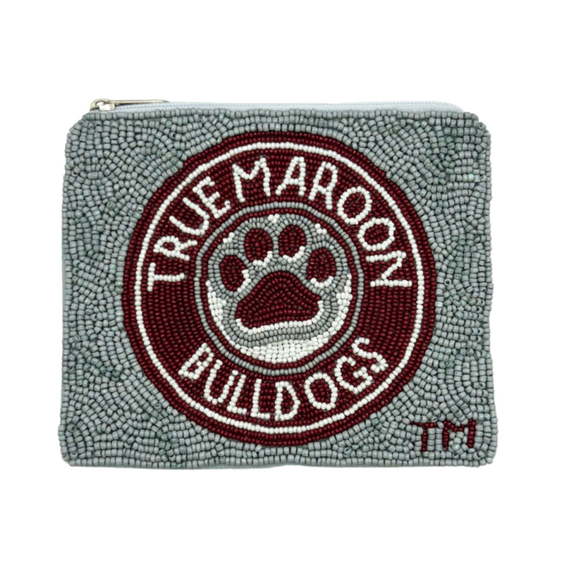 Hail State! &nbsp;Show your true maroon team spirit at the ball park when accessorizing your Game Day clear bag with our beaded Mississippi State True Maroon Bulldogs zip coin bag.&nbsp;  Featuring a&nbsp;secure zip closure that keeps your&nbsp;cash, credit cards, lipstick, keys + more safe at the game!