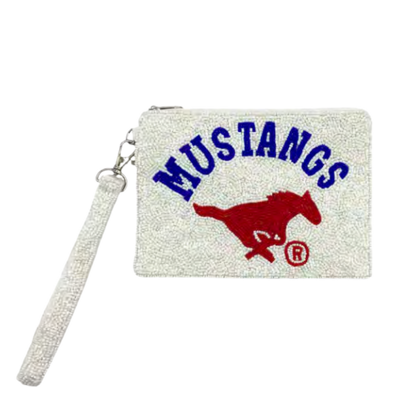 Meet Us At The Boulevard, Cause Saturdays Are For The Stangs!   Pony Up And Elevate your Game Day status when accessorizing your Game Day look with our uniquely beaded MUSTANGS Wristlet.  Stadium sized approved!!  Wristlet features a secure zip closure that keeps your cash, credit cards, lipstick, keys + more safe at the game!