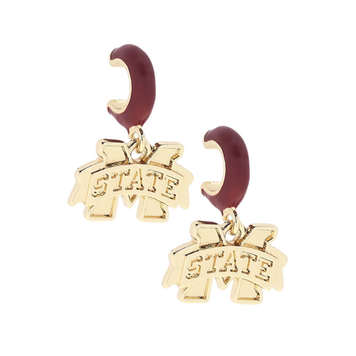 Show off your Mississippi State pride with these playful Bulldogs Logo Huggie Hoop Earrings. Featuring a maroon enamel logo nestled inside shiny gold hoops, they add a fun and stylish pop of school spirit to any outfit. Perfect for game days or everyday wear, these earrings bring a touch of elegance with a spirited twist.