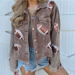 The perfect GameDay layering piece. This oh so comfy + GLAM corduroy sequin football jacket&nbsp;will have you GameDay ready for those cool football nights under the lights.  Layer over your favorite Gameday hoodie, tank or tee. &nbsp;Or throw on over a white v-neck with your favorite black leggings with booties or cute sneaks for a casual weekend vibe.