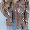 The perfect GameDay layering piece. This oh so comfy + GLAM corduroy sequin football jacket&nbsp;will have you GameDay ready for those cool football nights under the lights.  Layer over your favorite Gameday hoodie, tank or tee. &nbsp;Or throw on over a white v-neck with your favorite black leggings with booties or cute sneaks for a casual weekend vibe.