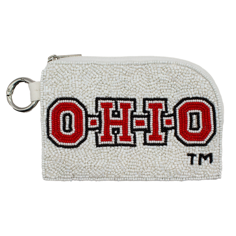 Buckeye Nation, celebrate your pride with The Ohio State University Beaded Keyring Coin Pouch! This handmade accessory showcases the iconic “O-H-I-O” lettering in bold red, black, and white glass beads against a white beaded background. Designed with fans and alumni in mind, it’s the perfect blend of school spirit and functionality.