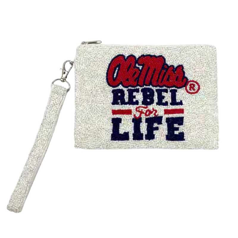 See You Saturdays In The Grove!  Rebels For Life!!  Hotty Toddy, Gosh Almighty it's time to elevate your tailgate glam by accessorizing your Game Day look with our uniquely beaded Ole Miss Rebel For Life beaded wristlet!