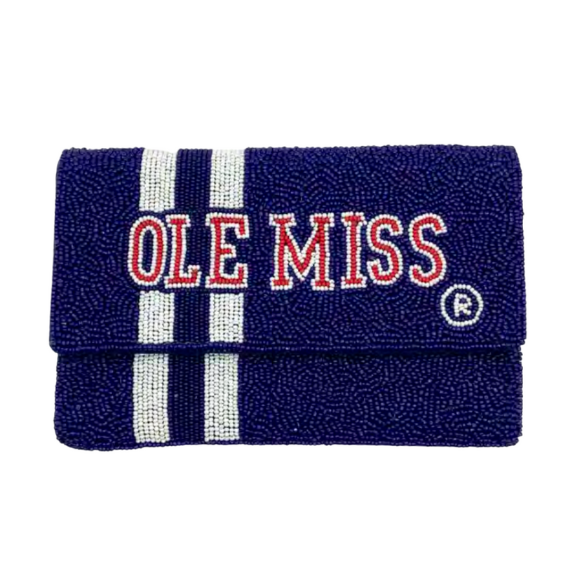 See You Saturday In The Grove!  Rebels For Life!!  Accessorize Your Game Day Look With Our Uniquely Ole Miss Beaded Clutch.  Stadium sized approved!!  Our Mini clutch features a secure snap closure that keeps your cash, credit cards, lipstick, keys + more safe at the game!