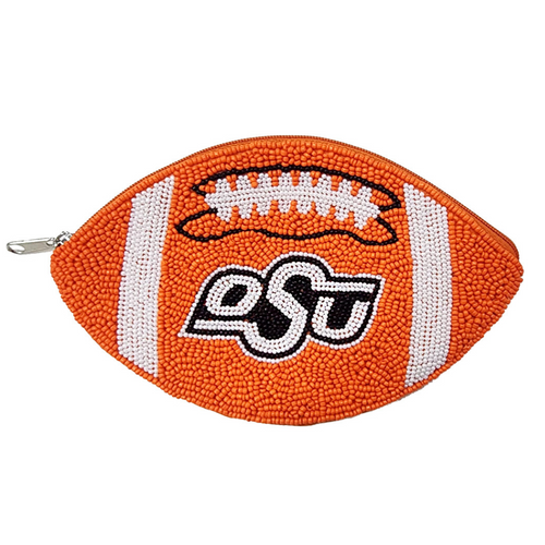 You know it's Game Day in Stilly when you hear pistols firing and OOOO... SSSS... UUUU.... COWBOYS!    Cheer on your Pokes in style.  Elevate your Game Day fit with our OSU beaded football coin bag.  Stadium sized approved and features a secure zip closure that keeps your cash, credit cards, lipstick, keys + more safe at the game!