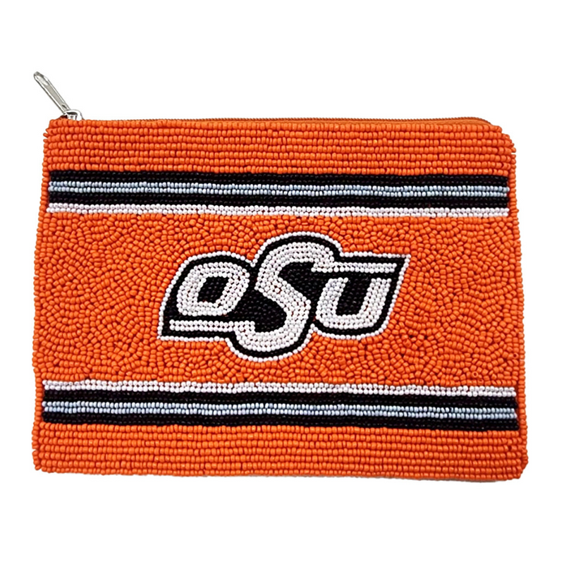 You know it's Game Day in Stilly when you hear pistols firing and OOOO... SSSS... UUUU.... COWBOYS!    Cheer on your Pokes in style.  Elevate your clear bag status when accessorizing your Game Day look with the iconic OSU logo on our uniquely beaded zip coin bag.  Stadium sized approved!!  Featuring a secure zip closure that keeps your cash, credit cards, lipstick, keys + more safe at the game!