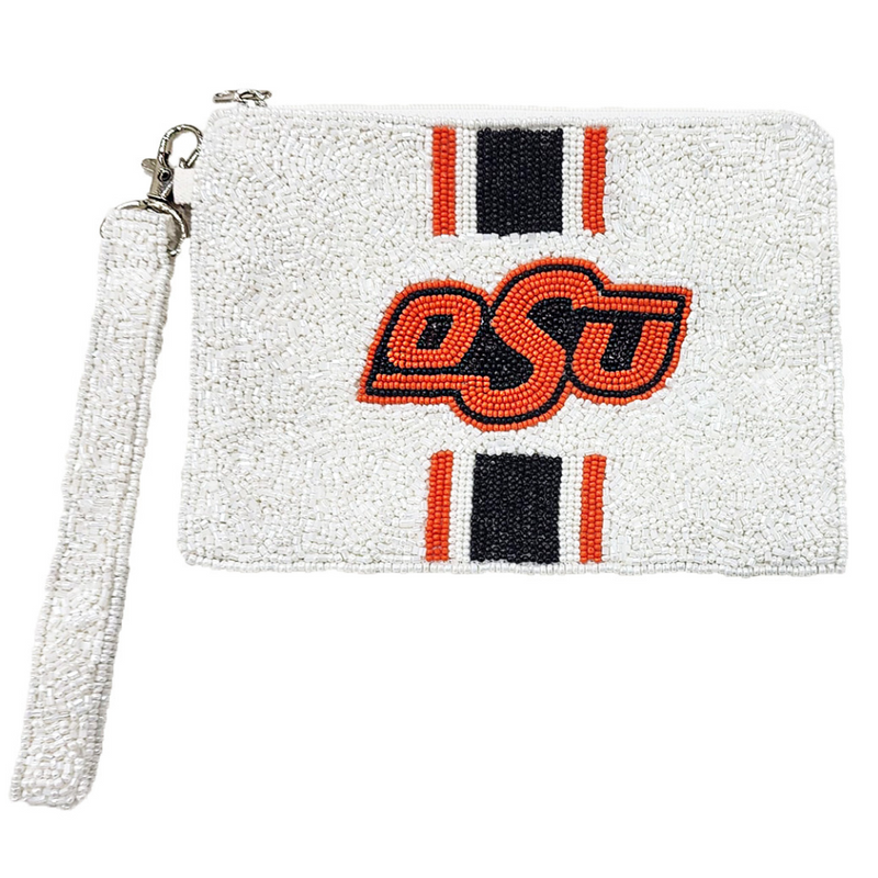 You know it's Game Day in Stilly when you hear pistols firing and OOOO... SSSS... UUUU.... COWBOYS!    Be GLAM in the stands as you cheer on your Cowboys and elevate your Game Day fit with our uniquely beaded OSU wristlet!  Stadium sized approved!!  Wristlet features a secure zip closure that keeps your cash, credit cards, lipstick, keys + more safe at the game!