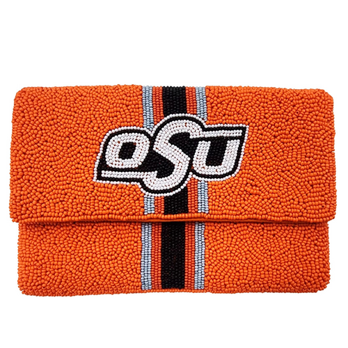 You know it's Game Day in Stilly when you hear pistols firing and OOOO... SSSS... UUUU.... COWBOYS!    Cheer on your Pokes in style.  Elevate your Game Day fit with our OSU beaded mini clutch.  Stadium sized approved!!  Our Mini clutch features a secure snap closure that keeps your cash, credit cards, lipstick, keys + more safe at the game!