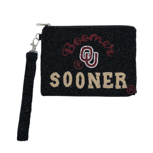 Elevate your clear bag status and show off your SOONERS spirit when accessorizing your Game Day look with our uniquely beaded Boomer Sooner wristlet zip coin bag.