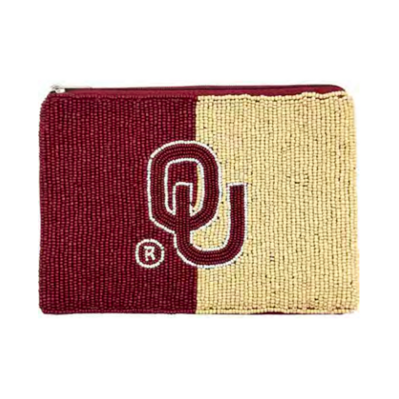 Elevate your clear bag status and show off your SOONERS spirit when accessorizing your Game Day look with our uniquely beaded OU dual tone zip coin bag.  Featuring a secure zip closure that keeps your cash, credit cards, lipstick, keys + more safe at the game!