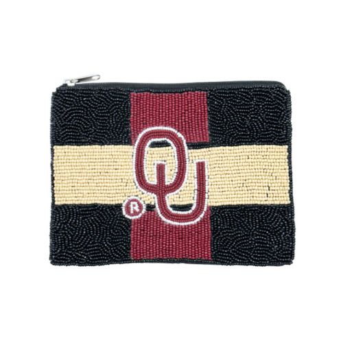 Elevate your clear bag status and show off your SOONERS spirit when accessorizing your Game Day look with our uniquely beaded OU tri-color zip coin bag.