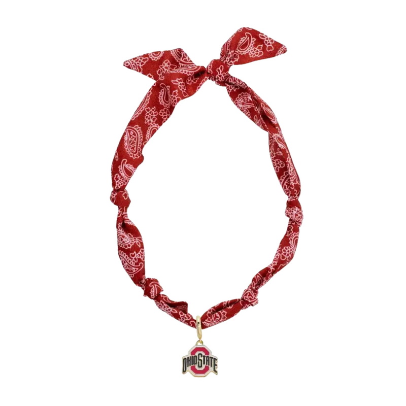 Show off your Buckeye pride with this playful Ohio State Logo Bandana Scarf Necklace. Combining the charm of a bandana with the convenience of a necklace, it’s the perfect accessory to add a fun, sporty twist to any outfit. Lightweight and easy to wear, it keeps your team spirit close and your style on point.