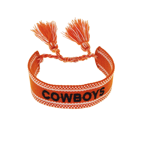 Show your Oklahoma State Cowboys pride with this fun and lightweight Woven Tassel Bracelet. Its vibrant design and playful tassels add a spirited touch to any game day outfit, making it the perfect way to cheer on your team in style. Comfortable to wear and easy to stack, it’s a must-have accessory for every Cowboys fan ready to celebrate the big win!