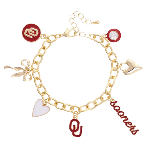 Celebrate your team pride with the Oklahoma Sooners Enamel Icons Charm Bracelet. This gold-plated bracelet shines with colorful enamel charms, including the iconic Sooners logo and spirited symbols. Perfect for stacking on game day or adding a playful touch to your everyday look, it’s a fun way to show your team spirit all season long.