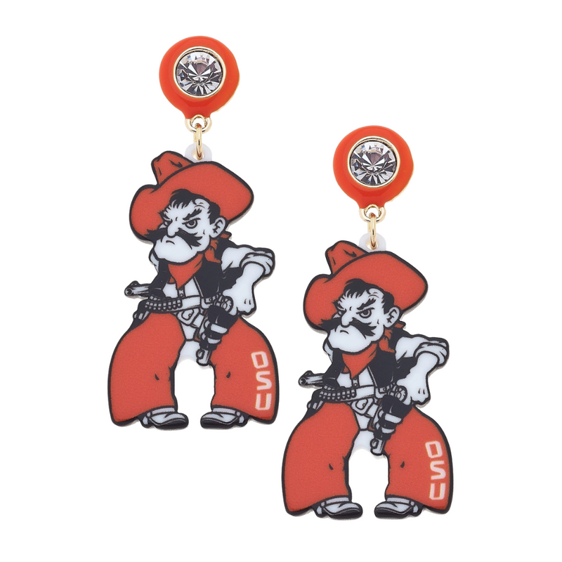 Celebrate your team with the Oklahoma State Pistol Pete Resin Mascot Earrings in Orange/Black/White. Featuring the iconic Pistol Pete mascot in bold colors, these earrings are a playful and spirited way to support your team.
