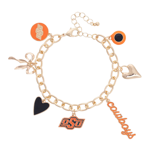 Show your team pride with the Oklahoma State Cowboys Enamel Icons Charm Bracelet. This gold-plated bracelet sparkles with colorful enamel charms featuring the iconic logo and spirited symbols. Perfect for stacking on game day or adding a playful touch to your everyday look, it’s a fun way to celebrate your Cowboys all season long.