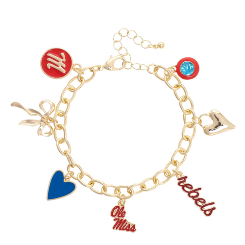 Show your team pride with the Ole Miss Rebels Enamel Icons Charm Bracelet. This gold-plated bracelet sparkles with colorful enamel charms featuring the iconic logo and spirited symbols. Perfect for stacking on game day or adding a playful touch to your everyday look, it’s a fun way to celebrate your Rebels all season long. Pre-order now to secure this lively accessory!