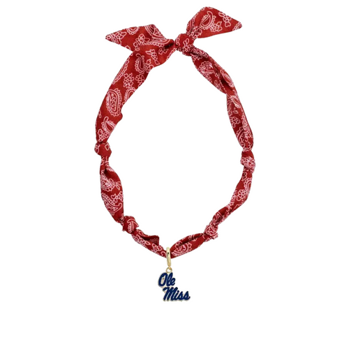 Show your Ole Miss pride with this playful bandana scarf necklace. Perfect for game days or casual outings, it adds a chic, spirited touch to any outfit while keeping you comfortable and stylish. Hotty Toddy, y’all!