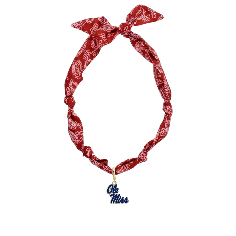 Show your Ole Miss pride with this playful bandana scarf necklace. Perfect for game days or casual outings, it adds a chic, spirited touch to any outfit while keeping you comfortable and stylish. Hotty Toddy, y’all!