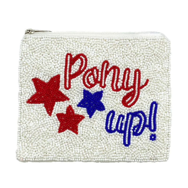 Meet Us At The Boulevard, Cause Saturdays Are For The Stangs!   Pony Up And Elevate your Game Day clear bag status when accessorizing your look with our uniquely beaded Pony Up Stars Zip Coin Bag.  Stadium sized approved!!  Coin bag features a secure zip closure that keeps your cash, credit cards, lipstick, keys + more safe at the game!