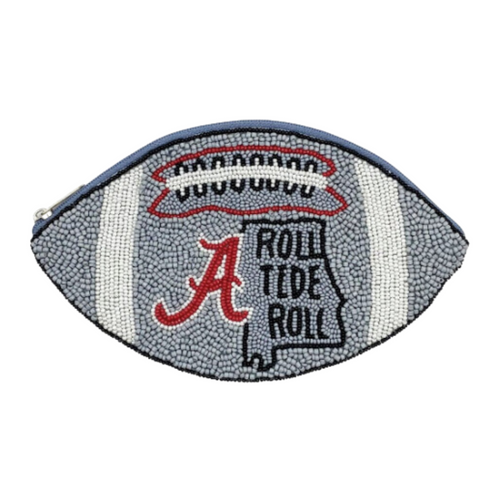 Roll Tide Roll. Bama fans it's time to elevate your clear bag status and accessorize your Game Day look with our uniquely beaded Roll Tide Roll Football zip coin bag.