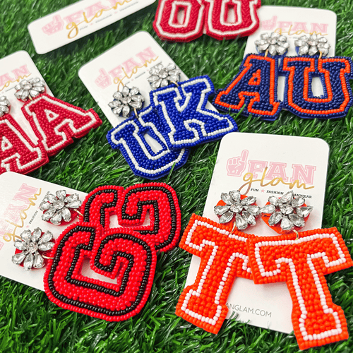 Show your love for the game when accessorizing your GameDay look with our uniquely beaded + bejeweled Varsity Letter Beaded Dangles!   The perfect accessory to coordinate with your GameDay style.