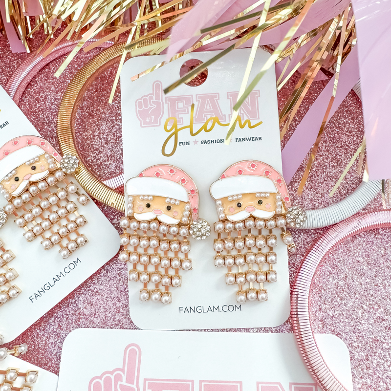 Ho Ho Ho!&nbsp; Santa Is Coming To Town In GLAM Style!&nbsp; Tis the season to sparkle in our oh so adorable Santa be-jeweled pearl stud earrings.&nbsp;&nbsp;&nbsp; A great secret Santa gift or the best GLAM for holiday parties.&nbsp; Don't miss out on the best ear candy in town.