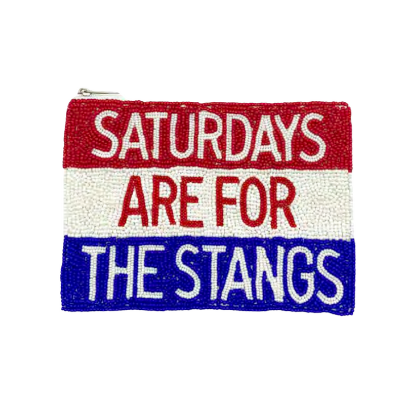 Meet Us At The Boulevard, Cause Saturdays Are For The Stangs!   Pony Up And Elevate your Game Day clear bag status when accessorizing your look with our uniquely beaded Saturdays Are For The Stangs Zip Coin Bag.  Stadium sized approved!!  Coin bag features a secure zip closure that keeps your cash, credit cards, lipstick, keys + more safe at the game!