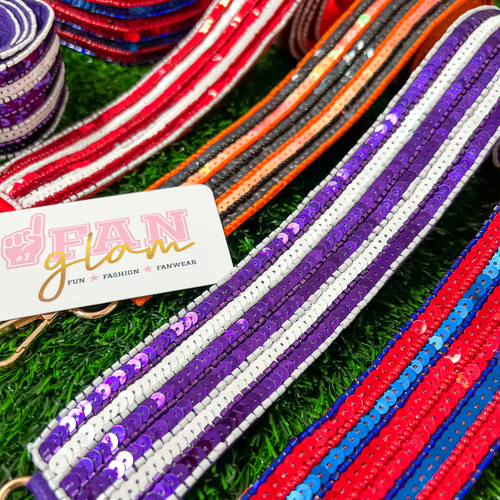 New To Our Game Day Line Up!!!  Sequin Beaded Stripe Bag Straps Are Here!  Our oh so cute dual sequin beaded team colored straps are the perfect addition to your Game Day assemble.  