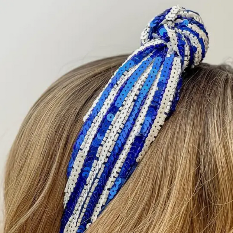 Blue and White Sequin Headband Seed Bead Blue Knotted 