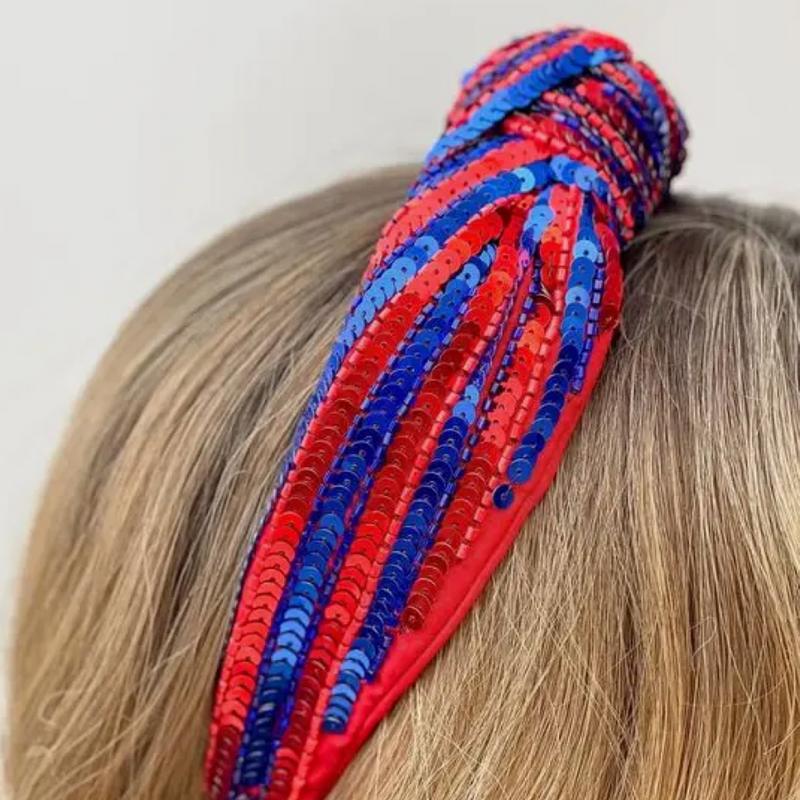 Our NEW sequin beaded team colored "Game Day" headbands, feature a trendy knotted design and are adorned with sparkling sequins and dual colored beads.  The perfect headband for showing off your team spirit at sporting events, tailgates, or any other gameday celebration.  