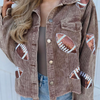 The perfect GameDay layering piece. This oh so comfy + GLAM corduroy sequin football jacket will have you GameDay ready for those cool football nights under the lights.  Layer over your favorite Gameday hoodie, tank or tee.  Or throw on over a white v-neck with your favorite black leggings with booties or cute sneaks for a casual weekend vibe.