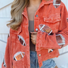 The perfect layering piece. This oh so comfy + GLAM corduroy sequin football jacket will have you GameDay ready for those cool football nights under the lights.  Layers perfectly over your favorite Gameday hoodie, tank or tee.  Or throw on over a white v-neck with your favorite black leggings with booties or cute sneaks for a casual weekend vibe.