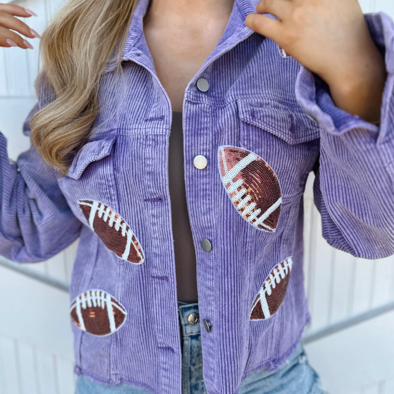 The perfect layering piece. This oh so comfy + GLAM corduroy sequin football jacket will have you GameDay ready for those cool football nights under the lights.  Layers perfectly over your favorite Gameday hoodie, tank or tee.  Or throw on over a white v-neck with your favorite black leggings with booties or cute sneaks for a casual weekend vibe.