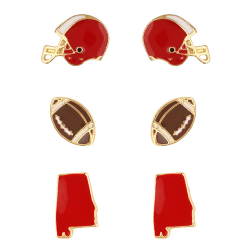 Show your ALABAMA&nbsp;pride with these adorable statement studs! Whether you’re tailgating at the stadium or watching the game from home, these earrings are a must-have for any Alabama fan!&nbsp;  Your team pride at your fingertips! Our new dual enamel stud earrings feature a helmet, football and your team state! Perfect size for ear stacking and great for all ages, the little ones will love wearing these as well!