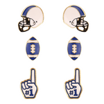 Your team pride at your fingertips! Our brand new dual colored enamel stud earrings feature a helmet, football and a #1 foam finger! Perfect size for ear stacking and great&nbsp;for all ages, the little ones will love wearing these&nbsp;as well!