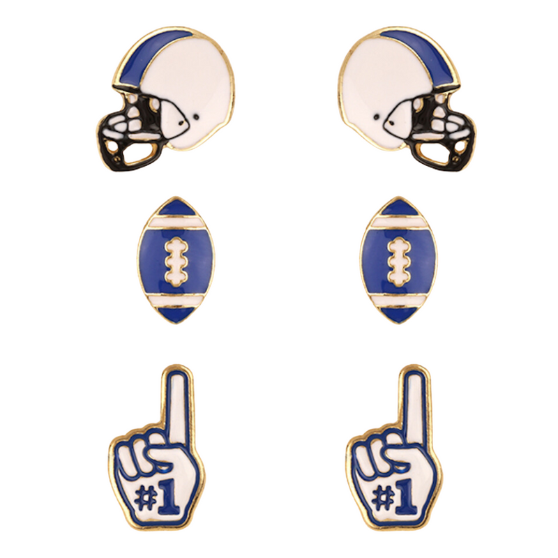 Your team pride at your fingertips! Our brand new dual colored enamel stud earrings feature a helmet, football and a #1 foam finger! Perfect size for ear stacking and great&nbsp;for all ages, the little ones will love wearing these&nbsp;as well!