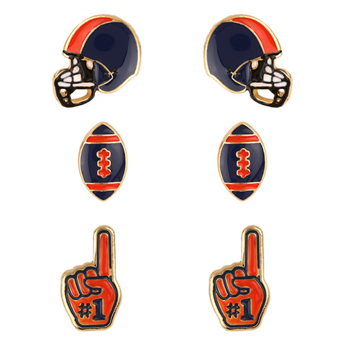 Show your NAVY AND ORANGE pride with these adorable set of 3 gameday studs! Whether you’re tailgating at the stadium or watching the game from home, these earrings are a must-have for any fan!&nbsp;