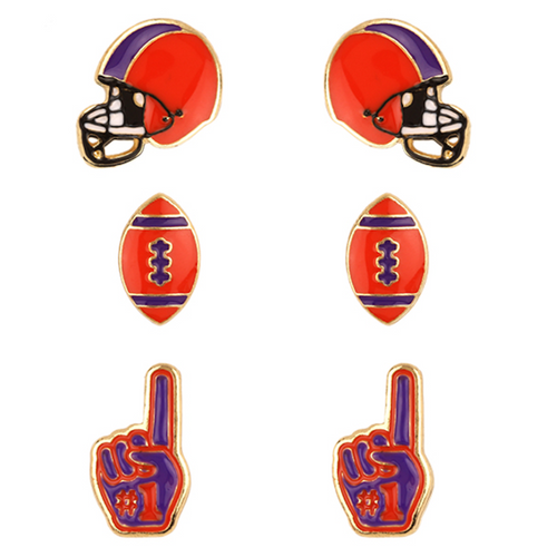 Show your PURPLE AND ORANGE &nbsp;pride with these adorable set of 3 gameday studs! Whether you’re tailgating at the stadium or watching the game from home, these earrings are a must-have for any fan!&nbsp;