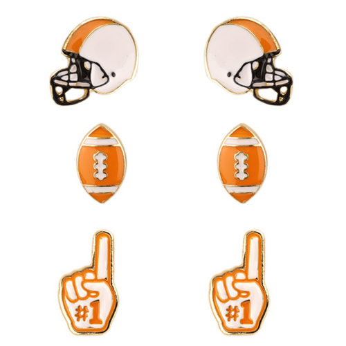 Show your ORANGE AND WHITE &nbsp;pride with these adorable set of 3 gameday studs! Whether you’re tailgating at the stadium or watching the game from home, these earrings are a must-have for any fan!&nbsp;  Your team pride at your fingertips! Our brand new dual colored enamel stud earrings feature a helmet, football and a #1 foam finger! Perfect size for ear stacking and great&nbsp;for all ages, the little ones will love wearing these&nbsp;as well!