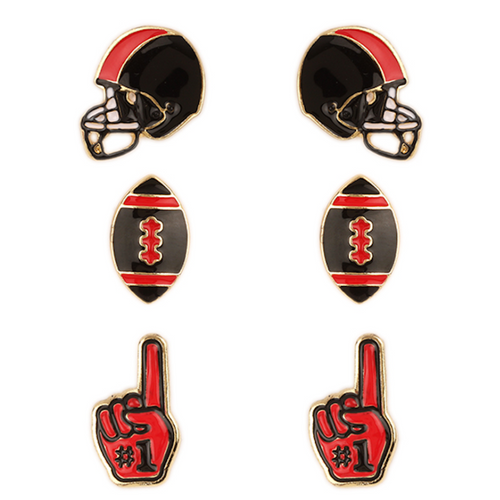 Show your RED AND BLACK pride with these adorable set of 3 gameday studs! Whether you’re tailgating at the stadium or watching the game from home, these earrings are a must-have for any fan!&nbsp;