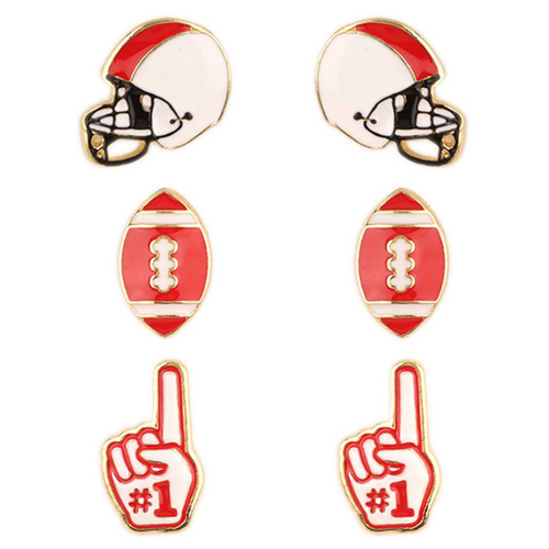 Show your RED AND WHITE&nbsp;pride with these adorable set of 3 gameday studs! Whether you’re tailgating at the stadium or watching the game from home, these earrings are a must-have for any fan!&nbsp;  Your team pride at your fingertips! Our brand new dual colored enamel stud earrings feature a helmet, football and a #1 foam finger! Perfect size for ear stacking and great&nbsp;for all ages, the little ones will love wearing these&nbsp;as well!