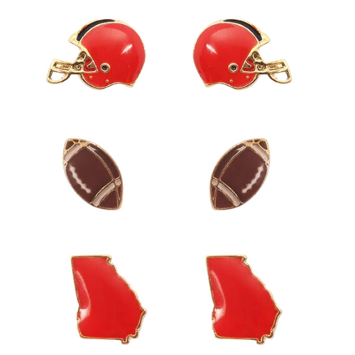 Show your GEORGIA pride with these adorable statement studs! Whether you’re tailgating at the stadium or watching the game from home, these earrings are a must-have for any Georgia fan!&nbsp;  Your team pride at your fingertips! Our new dual enamel stud earrings feature a helmet, football and your team state! Perfect size for ear stacking and great for all ages, the little ones will love wearing these as well!