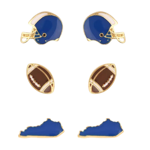 Show your KENTUCKY pride with these adorable statement studs! Whether you’re tailgating at the stadium or watching the game from home, these earrings are a must-have for any Kentucky fan!&nbsp;  Your team pride at your fingertips! Our new dual enamel stud earrings feature a helmet, football and your team state! Perfect size for ear stacking and great for all ages, the little ones will love wearing these as well!
