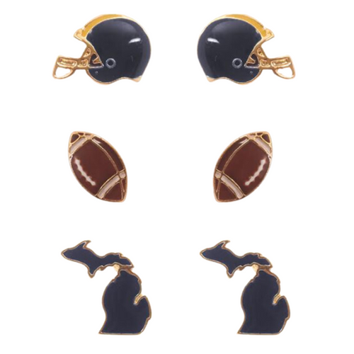 Show your&nbsp;MICHIGAN&nbsp;pride with these adorable statement studs! Whether you’re tailgating at the stadium or watching the game from home, these earrings are a must-have for any Michigan fan!&nbsp;  Your team pride at your fingertips! Our new dual enamel stud earrings feature a helmet, football and your team state! Perfect size for ear stacking and great for all ages, the little ones will love wearing these as well!