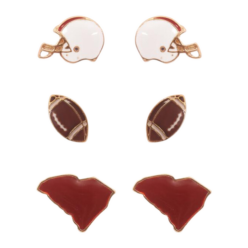 Show your SOUTH CAROLINA pride with these adorable statement studs! Whether you’re tailgating at the stadium or watching the game from home, these earrings are a must-have for any South Carolina fan!&nbsp;  Your team pride at your fingertips! Our new dual enamel stud earrings feature a helmet, football and your team state! Perfect size for ear stacking and great for all ages, the little ones will love wearing these as well!