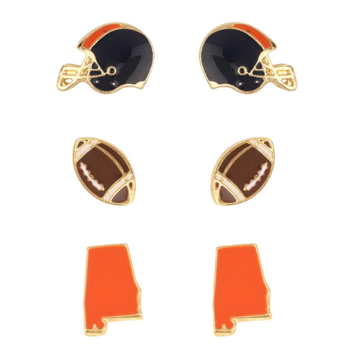 Show your AUBURN pride with these adorable statement studs! Whether you’re tailgating at the stadium or watching the game from home, these earrings are a must-have for any Auburn fan!&nbsp;  Your team pride at your fingertips! Our new dual enamel stud earrings feature a helmet, football and your team state! Perfect size for ear stacking and great for all ages, the little ones will love wearing these as well!