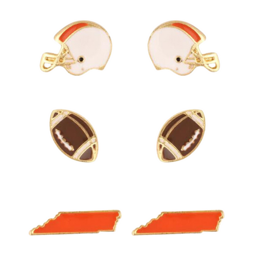 Show your TENNESSEE pride with these adorable statement studs! Whether you’re tailgating at the stadium or watching the game from home, these earrings are a must-have for any Tennessee fan!&nbsp;  Your team pride at your fingertips! Our new dual enamel stud earrings feature a helmet, football and your team state! Perfect size for ear stacking and great for all ages, the little ones will love wearing these as well!